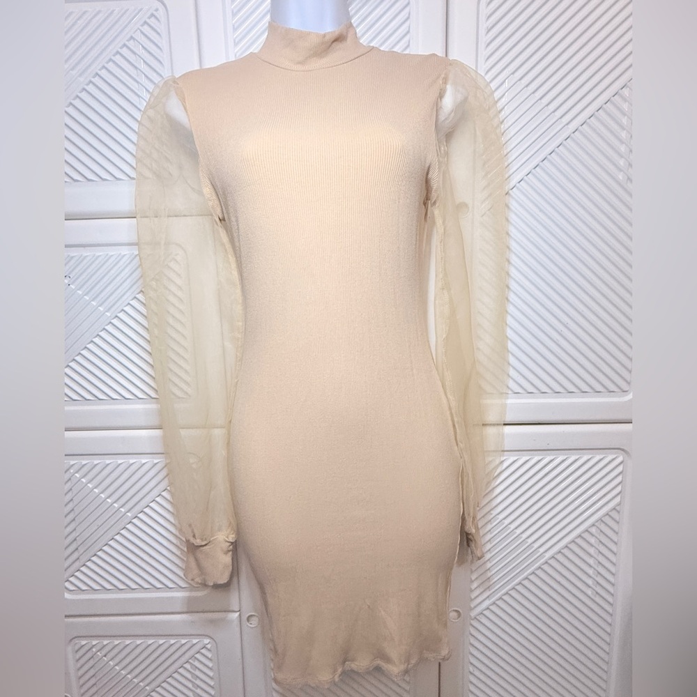Elegant Cream Dress with Sheer Sleeves